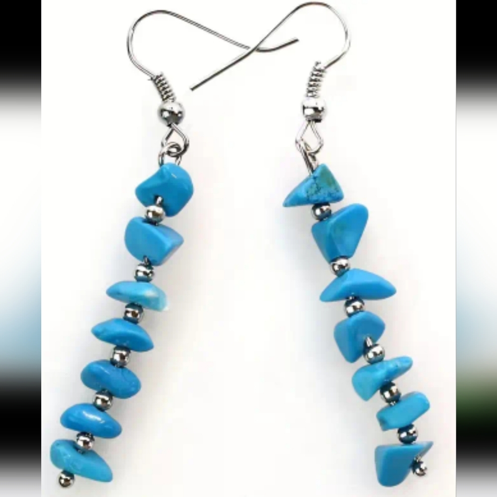 Handmade Blue Natural Stone Tassel Dangle Earrings.